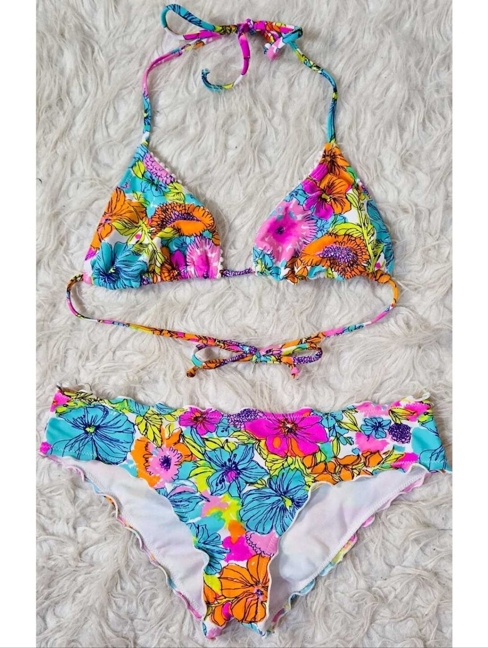 Hobie Swimwear Bikini 2 Piece Floral Colorful Triangle Scrunch Butt Orange Pink